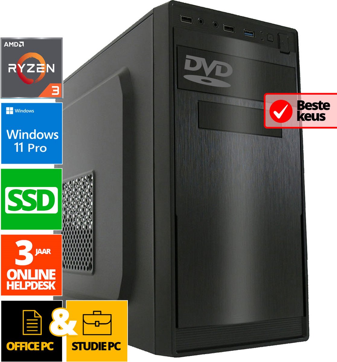 Budget Office PC - Ryzen 3 - 500GB SSD - 16GB RAM - Radeon Vega 8 - Windows 11 Pro + WiFi & Bluetooth (8720663667274)