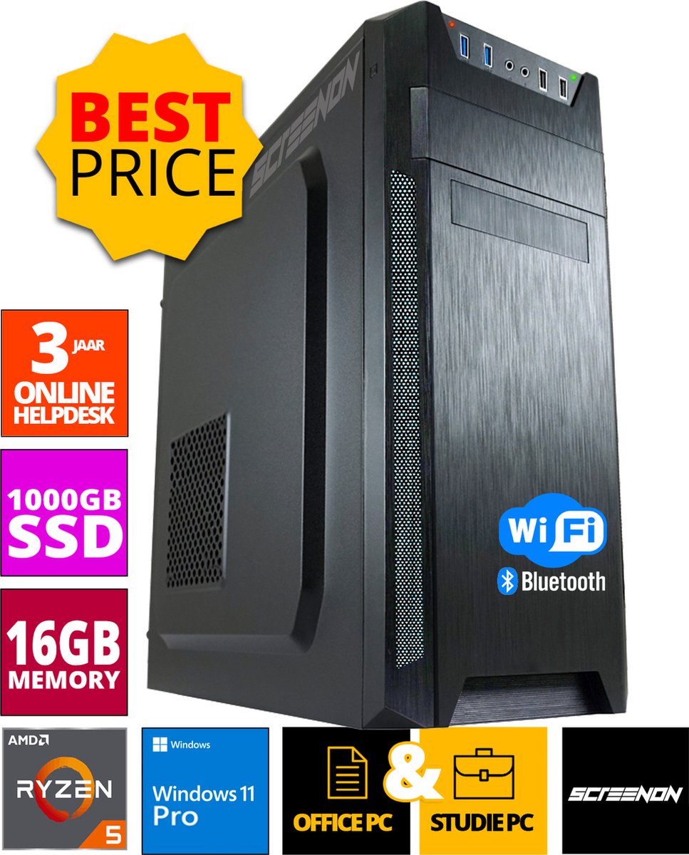 Budget Office PC - Ryzen 5 - 1TB NVMe SSD - 16GB RAM - Radeon Vega 7 + WiFi & Bluetooth (8720663667304)
