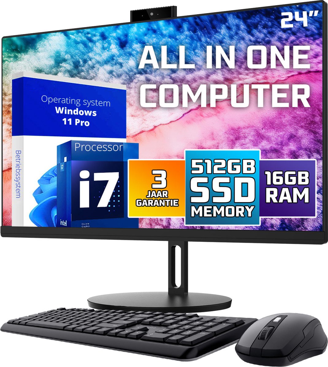 GMR All in One Desktop Computer met snelle Intel i7 | 24 Inch HD Scherm | 16GB RAM | 512GB SSD | USB3 | Windows 11 PRO | Draadloze Toetsenbord & Muis | HD Webcam | WiFi + Bluetooth | Direct klaar voor gebruik (8721001991624)
