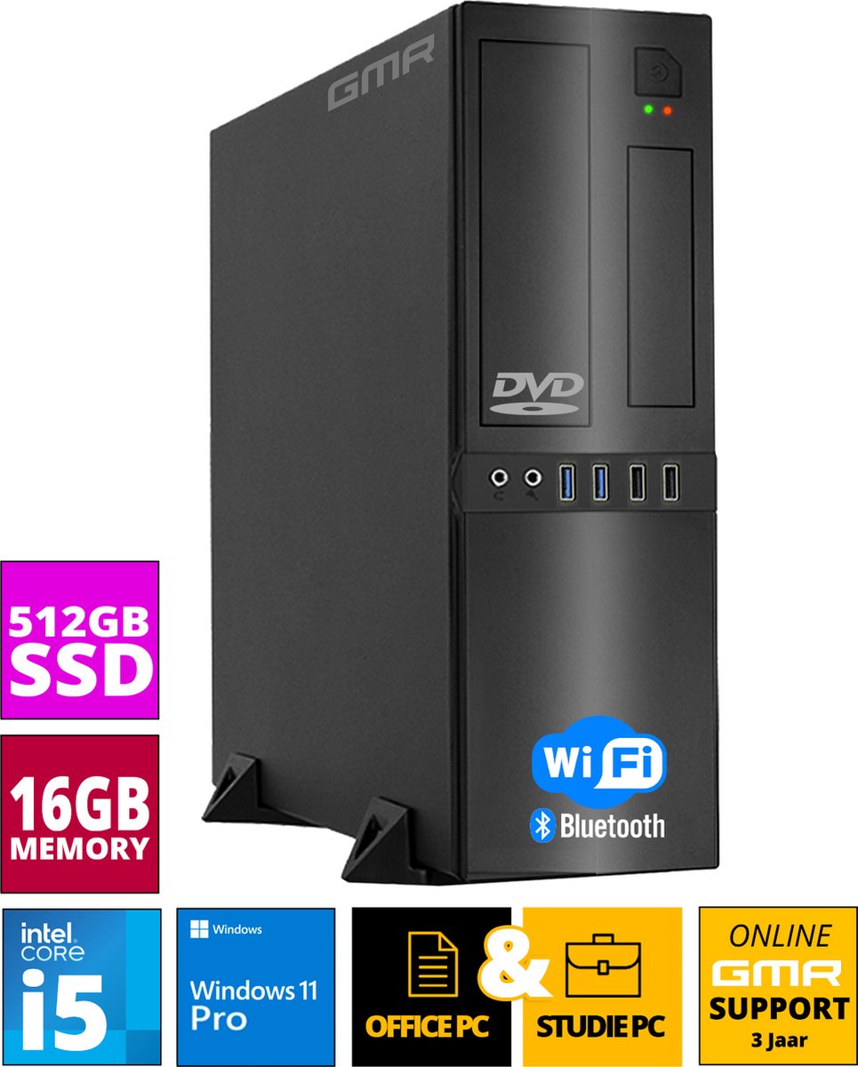 GMR Office Desktop-PC | Intel Core i5 | 16 GB DDR3 | 512 GB SSD | DVD±RW | USB3 | WiFi 600 en Bluetooth 5 | Windows 11 Prof. 64-bit | Multimediacomputer met 2 jaar garantie! (8721001990788)