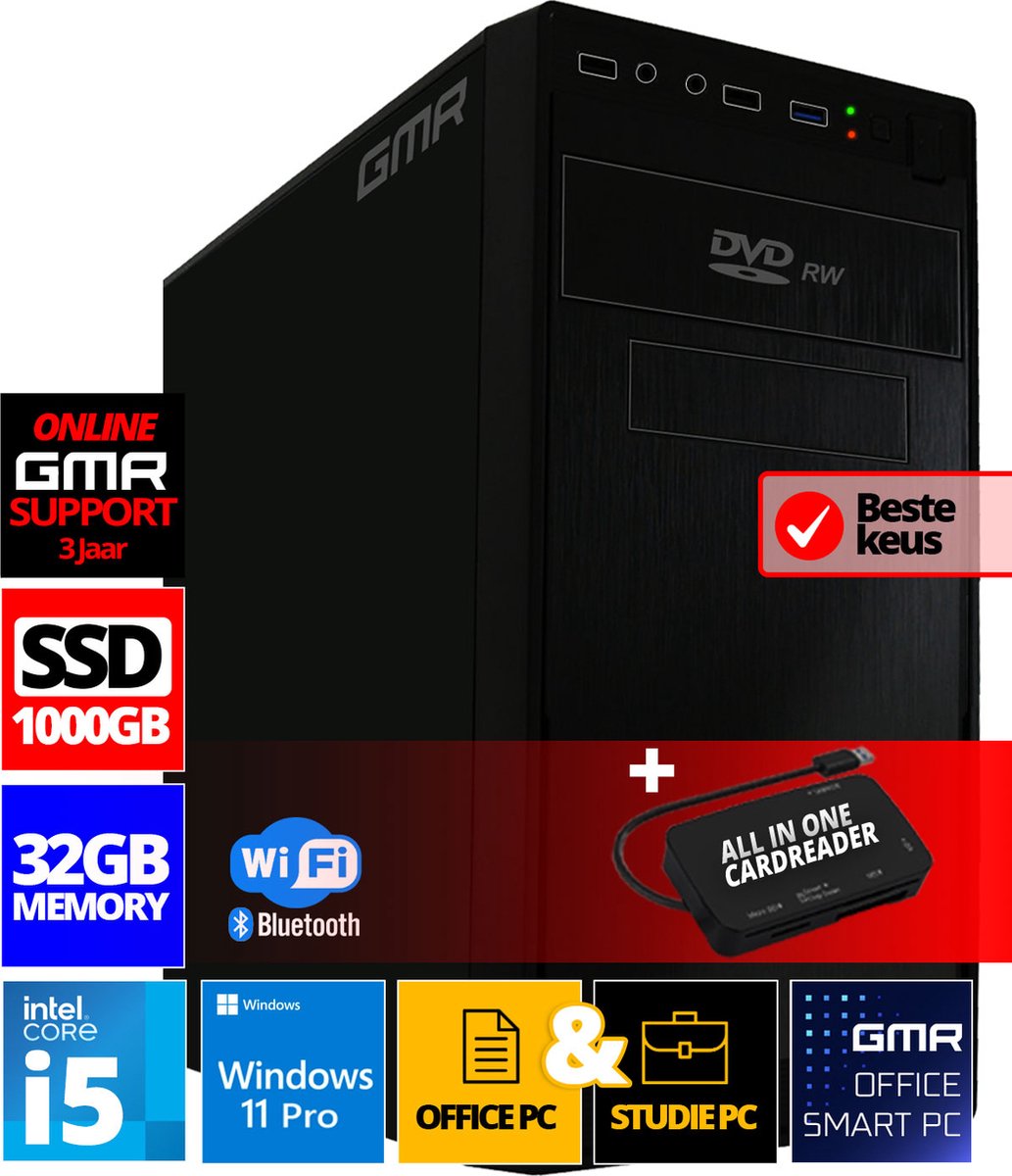 GMR Office Desktop-PC | Intel Core i5 | 32 GB | 1000 GB SSD | DVD±RW | Smart ID Card Reader 5-in-1 | WiFi 600 en Bluetooth 5 | USB3 | Windows 11 Pro | Multimediacomputer met 2 jaar garantie! (8721001990818)