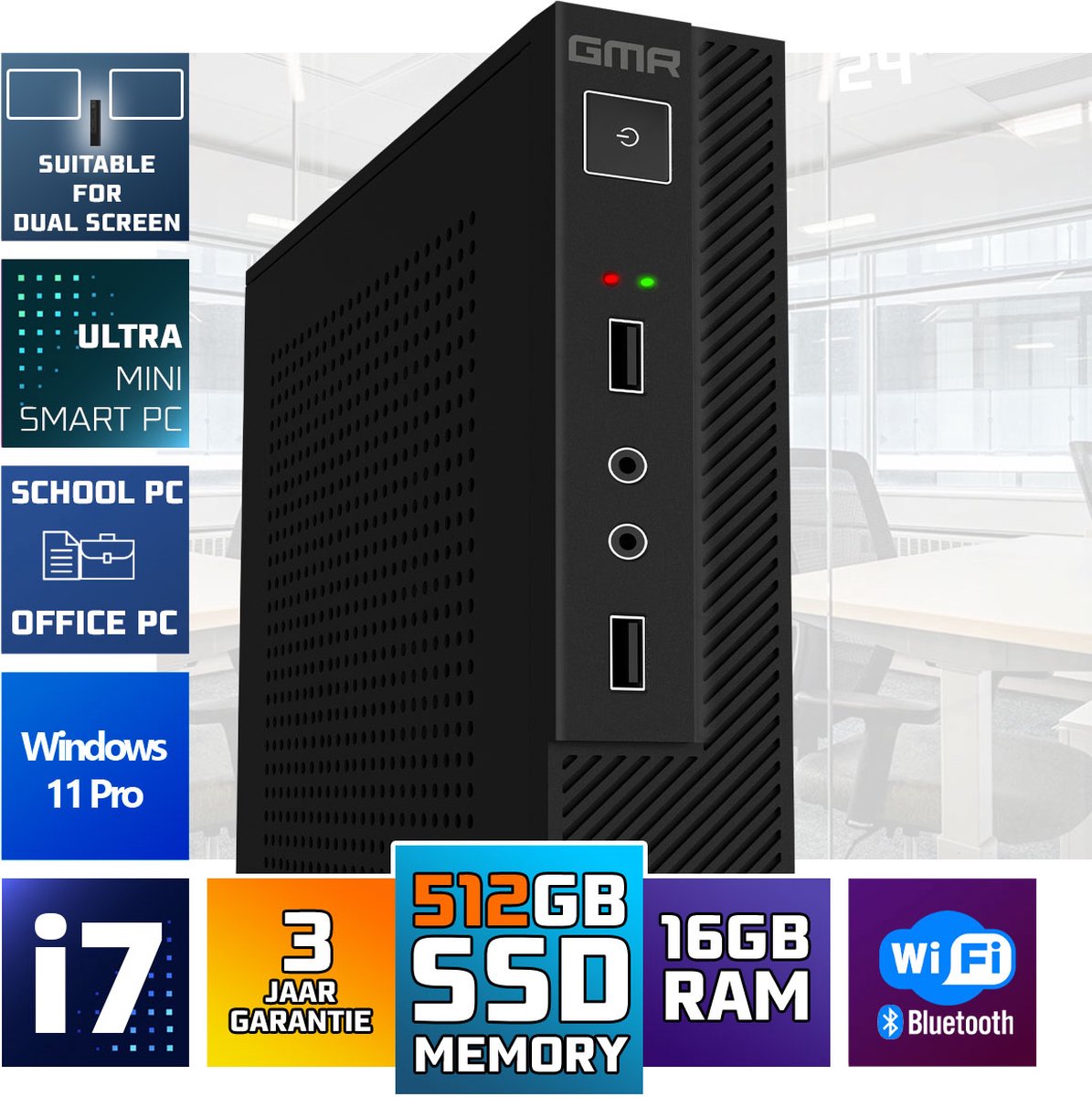 GMR Ultra mini Smart Computer met snelle Intel i7 - Business Office Desktop | 16GB RAM | 512GB SSD | USB3 | Windows 11 PRO | WiFi + Bluetooth | Incl. VESA bevestiging | Geschikt voor 2 schermen | 3 Jaar garantie | Direct klaar voor gebruik (8721001991518)