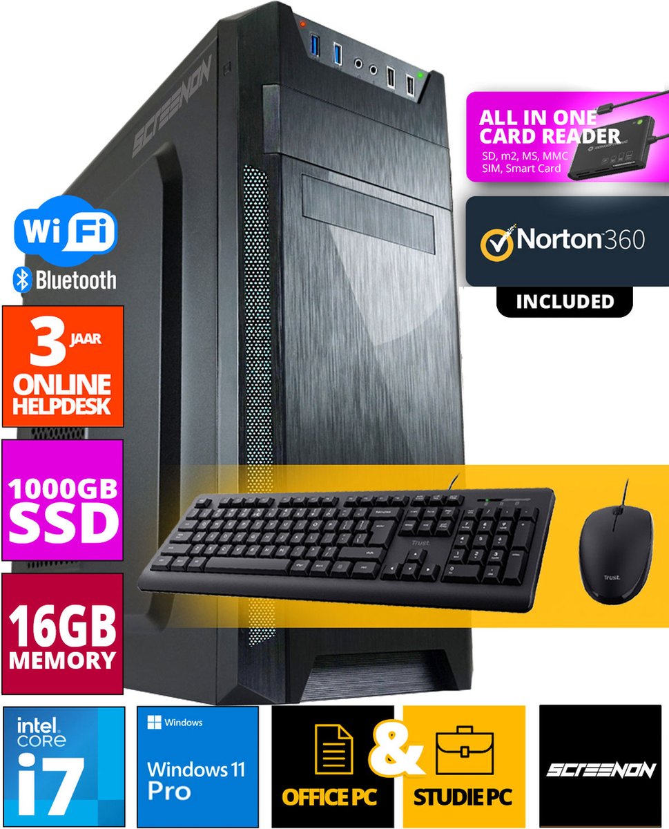 Intel Budget Office PC SET - Office PC + Muis + Toetsenbord - Inclusief Norton 360 & USB SD Card Reader + WiFi & Bluetooth (8720663667359)