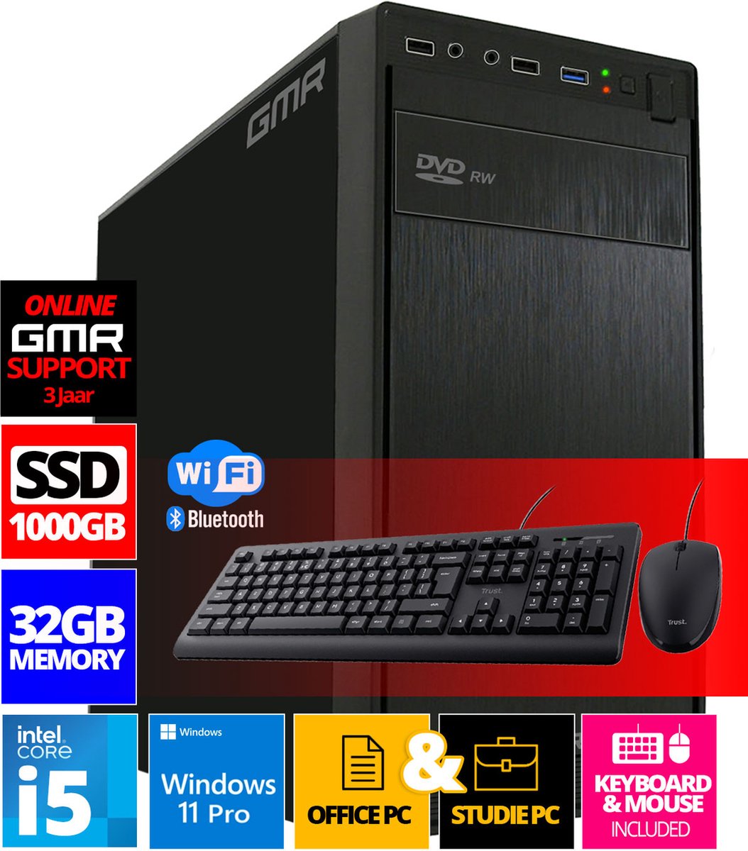 Intel Compleet PC | Intel Core i5 | 32 GB RAM | 1000 GB SSD | Windows 11 Pro | Inclusief Muis & Toetsenbord (8720828103555)