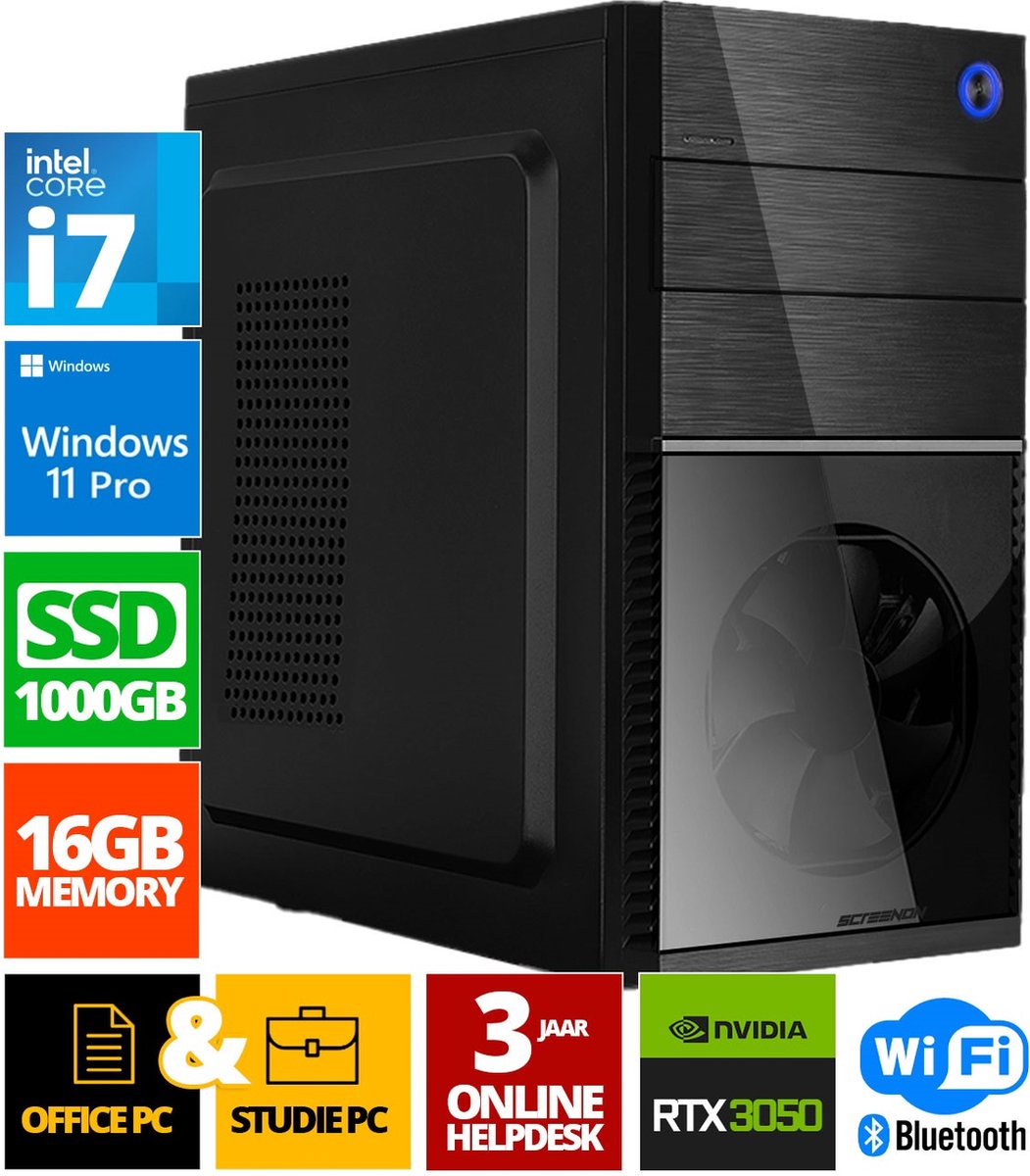 Intel Compleet PC | Intel Core i7 | 16 GB DDR4 | 1 TB SSD | RTX 3050 | Windows 11 Pro + WiFi & Bluetooth (8720994103298)