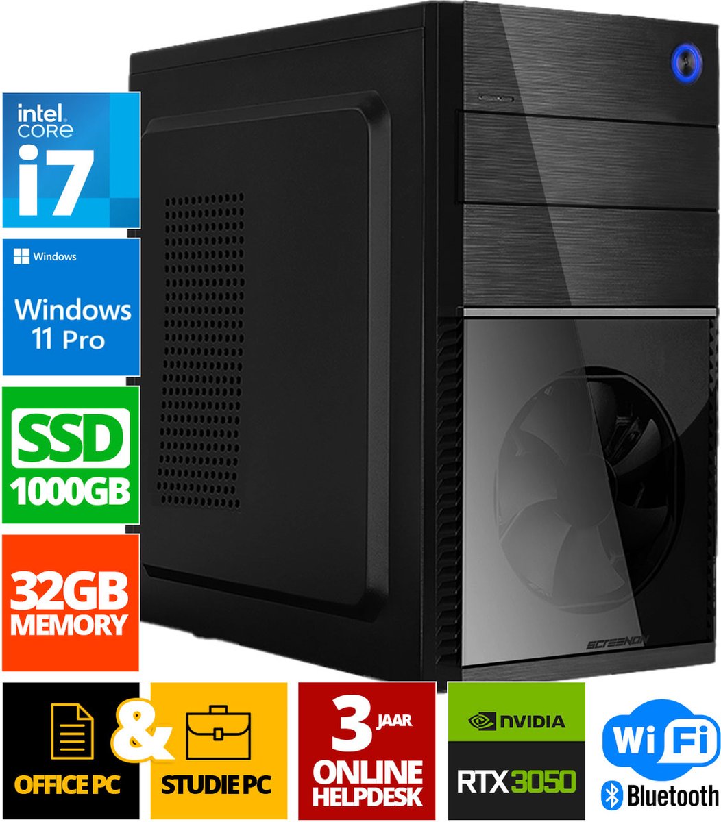 Intel Compleet PC | Intel Core i7 | 32 GB DDR4 | 1 TB SSD | RTX 3050 | Windows 11 Pro + WiFi & Bluetooth (8720211983375)