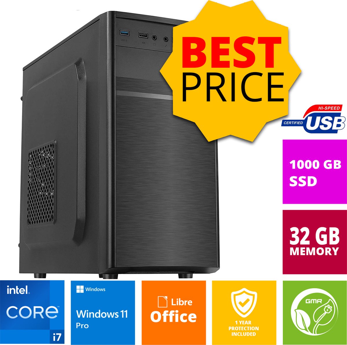 Intel Compleet PC | Intel Core i7 | 32 GB RAM | 1000 GB SSD | GTX 1650 | Windows 11 Pro (8721001990016)
