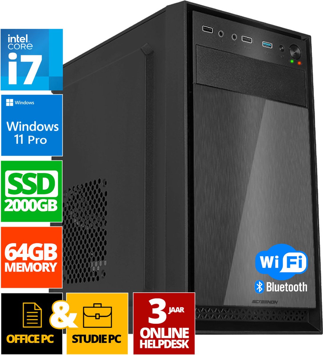 Intel Compleet PC | Intel Core i7 | 64 GB DDR4 | 2 TB SSD | Windows 11 Pro + WiFi & Bluetooth (8720663667441)