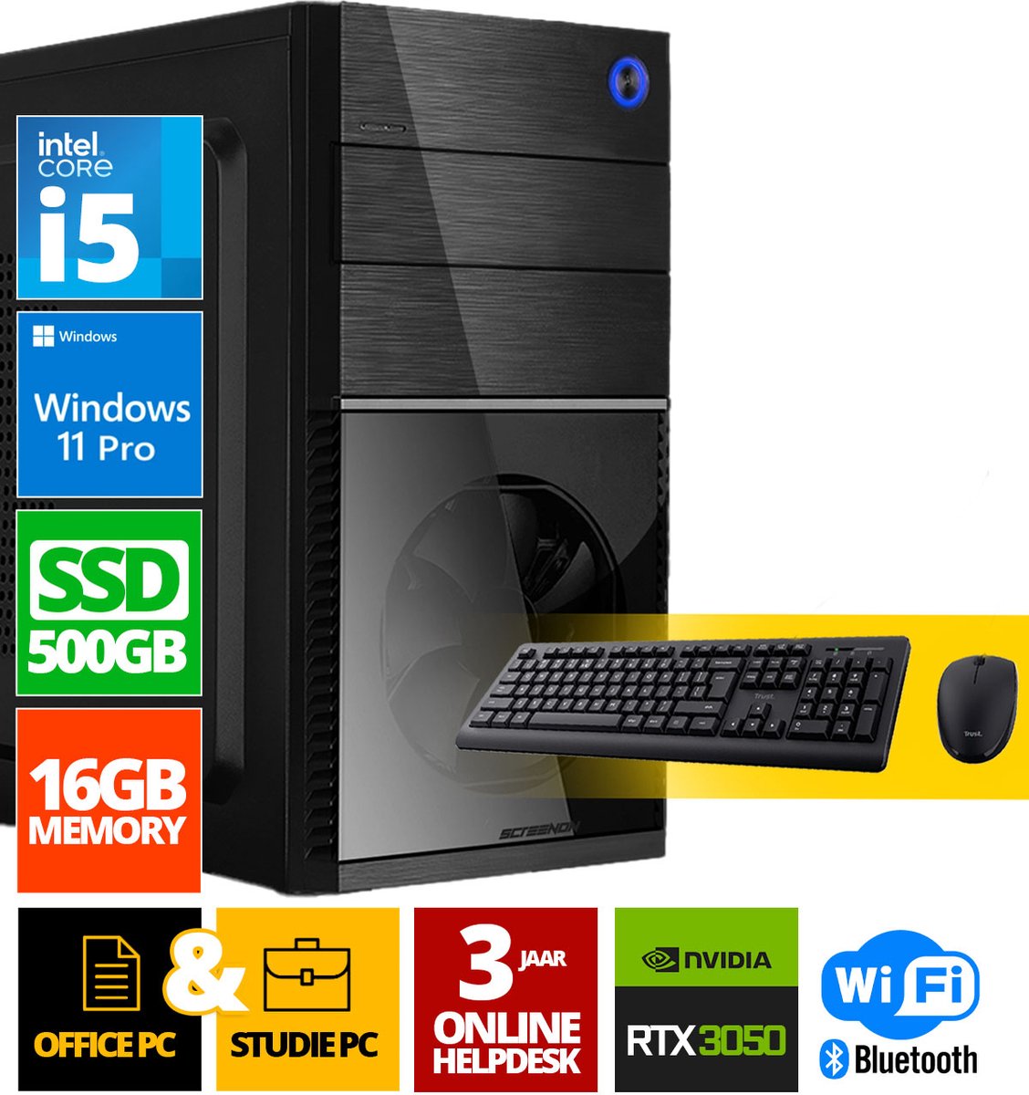 Intel Compleet PC + Muis & Toetsenbord | Intel Core i5 | 16 GB DDR4 | 500 GB SSD | RTX 3050 | Windows 11 Pro + WiFi & Bluetooth (8720994103243)
