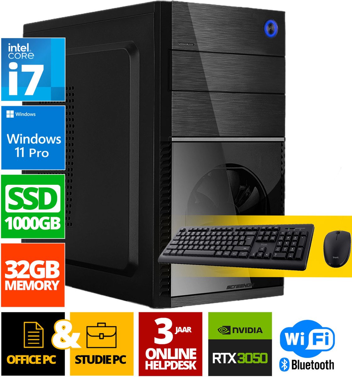 Intel Compleet PC + Muis & Toetsenbord | Intel Core i7 | 32 GB DDR4 | 1 TB SSD | RTX 3050 | Windows 11 Pro + WiFi & Bluetooth (8720663669902)