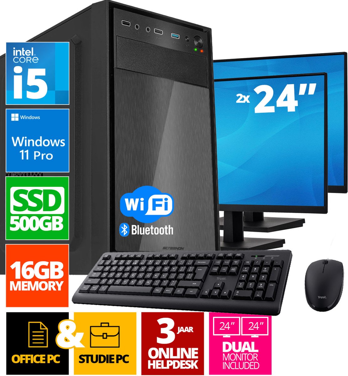 Intel Compleet PC SET | Intel Core i5 | 16 GB DDR4 | 500 GB SSD + 2 x 24 Inch Monitor + Muis + Toetsenbord | Windows 11 Pro + WiFi & Bluetooth (8720663669940)