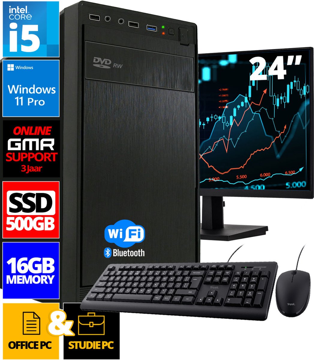 Intel Compleet PC SET | Intel Core i5 | 16 GB RAM | 500 GB SSD | Windows 11 Pro | Inclusief 24
