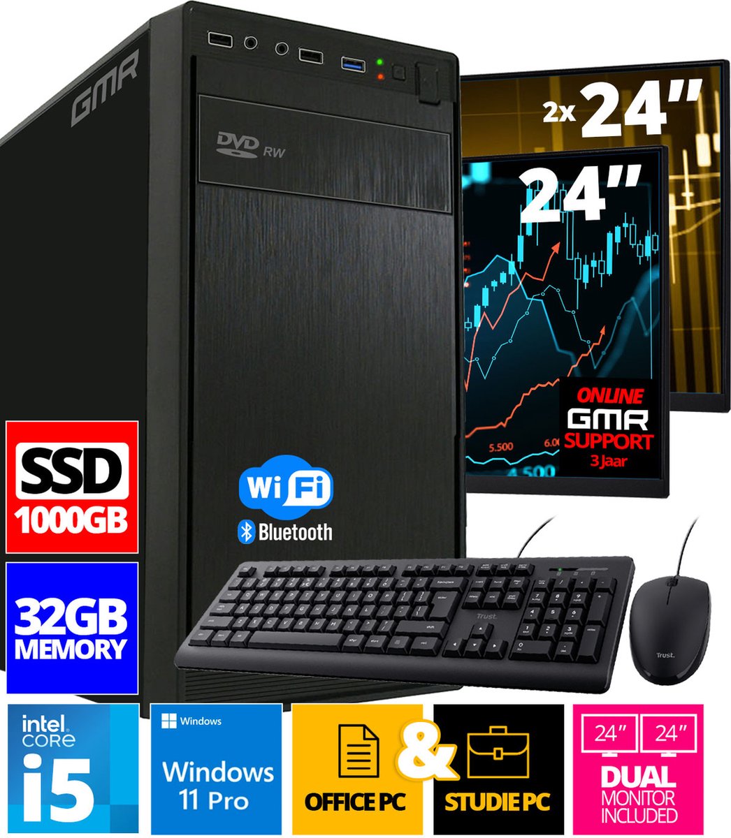 Intel Compleet PC SET | Intel Core i5 | 32 GB RAM | 1000 GB SSD | Windows 11 Pro | Inclusief 2 x 24