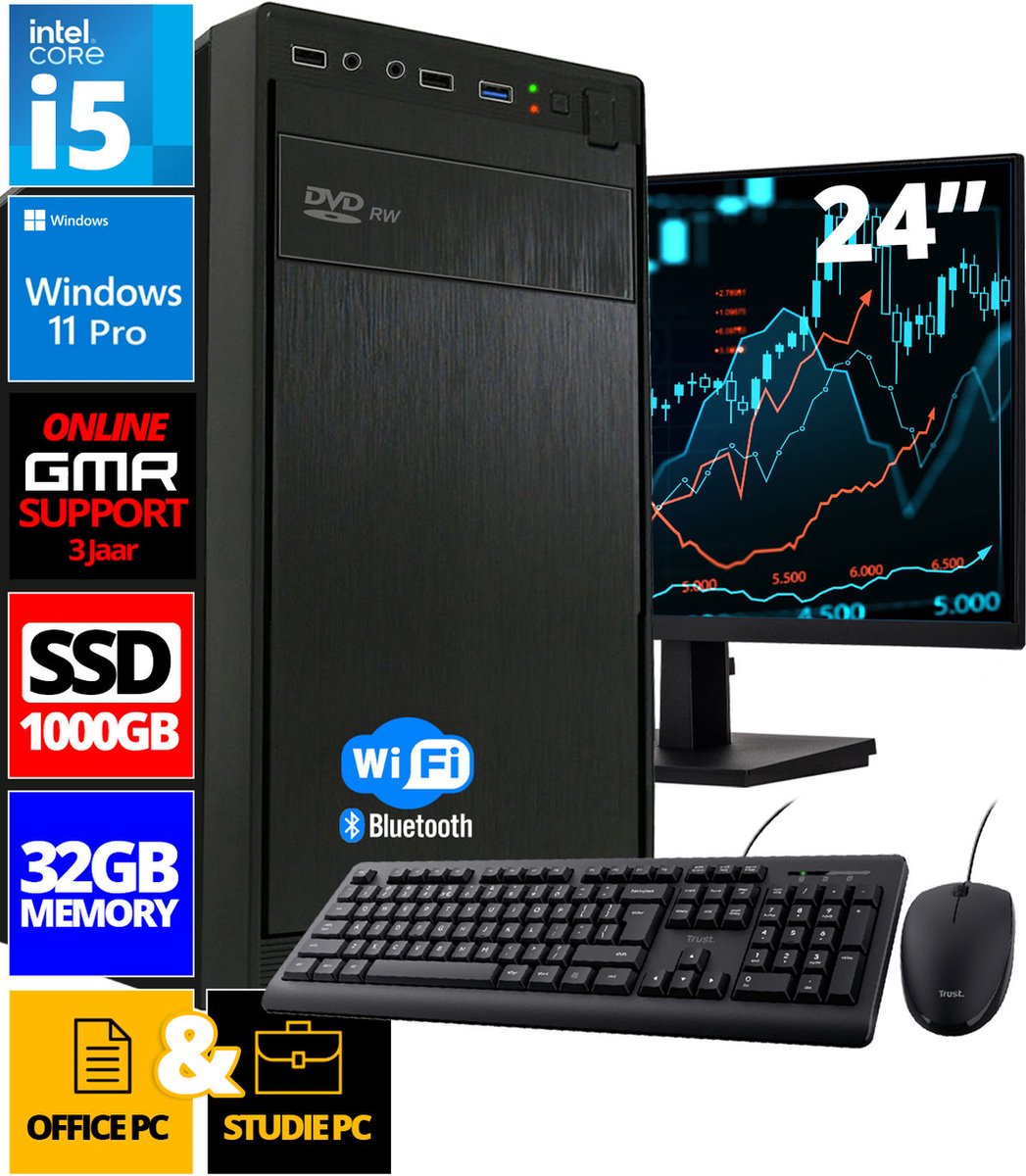 Intel Compleet PC SET | Intel Core i5 | 32 GB RAM | 1000 GB SSD | Windows 11 Pro | Inclusief 24