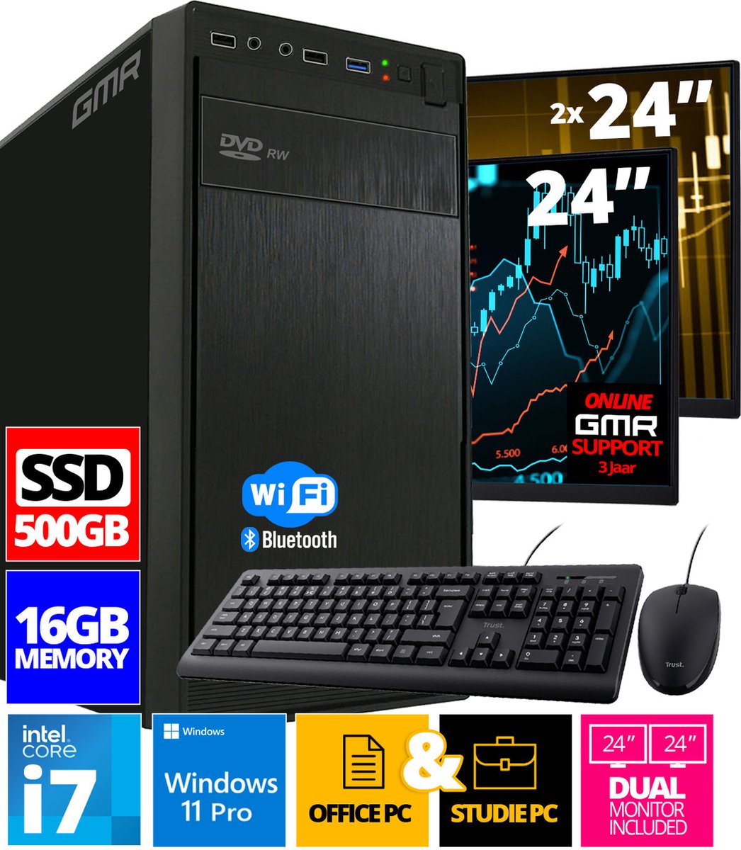Intel Compleet PC SET | Intel Core i7 | 16 GB RAM | 500 GB SSD | Windows 11 Pro | Inclusief 2 x 24