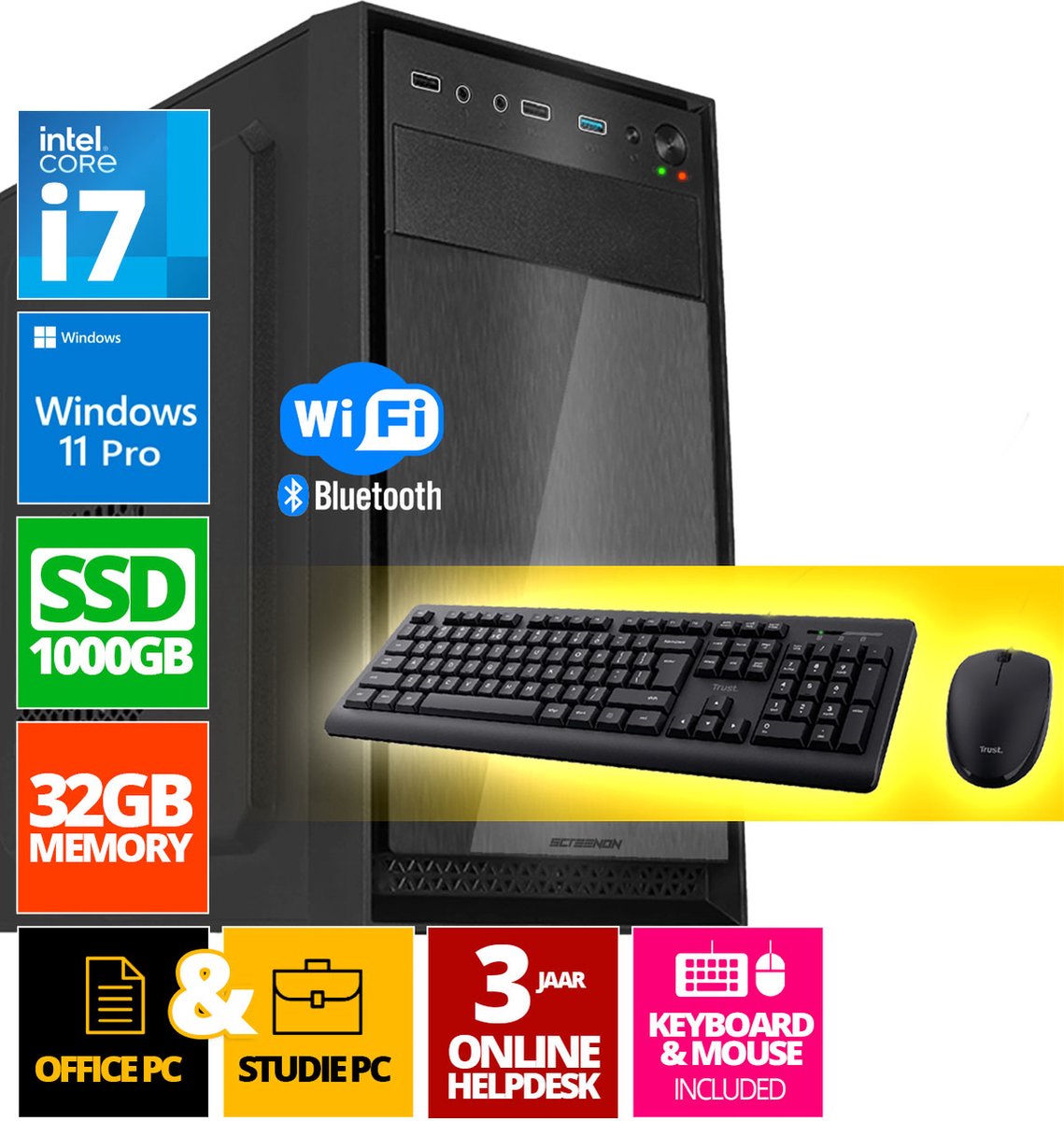 Intel Compleet PC SET | Intel Core i7 | 32 GB DDR4 | 1 TB SSD + Muis & Toetsenbord | Windows 11 Pro + WiFi & Bluetooth (8720663669988)