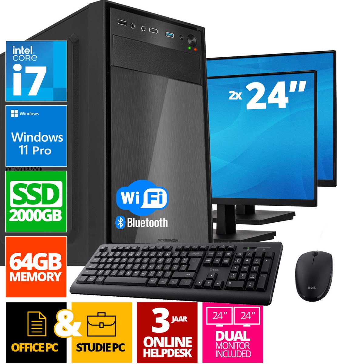 Intel Compleet PC SET | Intel Core i7 | 64 GB DDR4 | 2 TB SSD + 2 x 24 Inch Monitor + Muis + Toetsenbord | Windows 11 Pro + WiFi & Bluetooth (8720663667472)