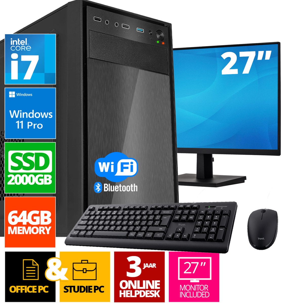 Intel Compleet PC SET | Intel Core i7 | 64 GB DDR4 | 2 TB SSD + 27 Inch Monitor + Muis + Toetsenbord | Windows 11 Pro + WiFi & Bluetooth (8720994103342)