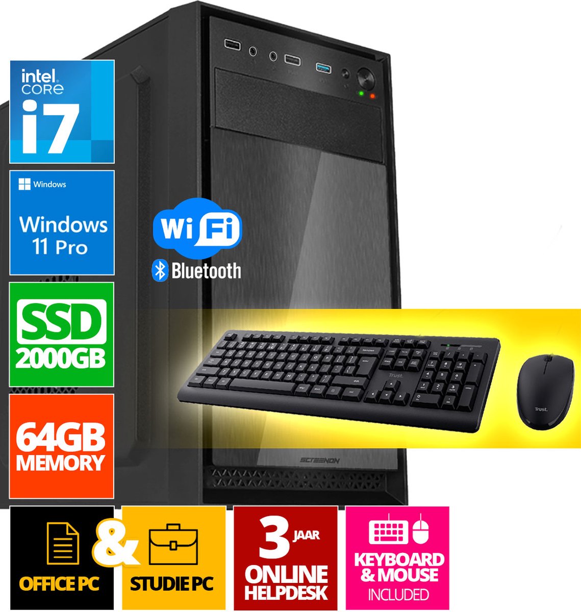 Intel Compleet PC SET | Intel Core i7 | 64 GB DDR4 | 2 TB SSD + Muis & Toetsenbord | Windows 11 Pro + WiFi & Bluetooth (8720663667458)