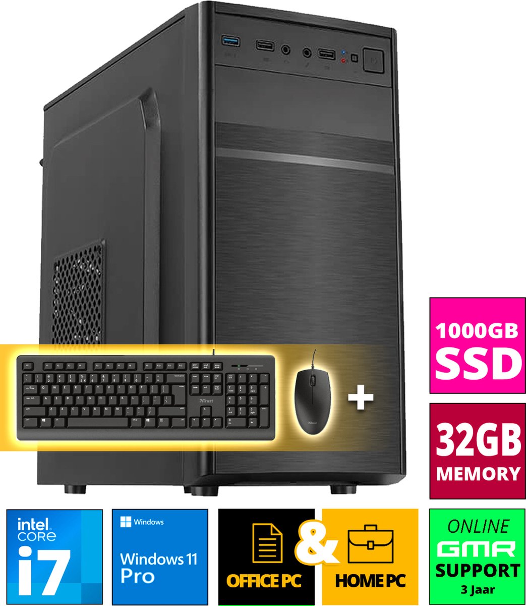 Intel Compleet PC met Core i7 - 32GB RAM - 1000GB NVMe M.2 SSD - WiFi - Bluetooth - Windows 11 Pro - Inclusief Muis & Toetsenbord (8721001990092)