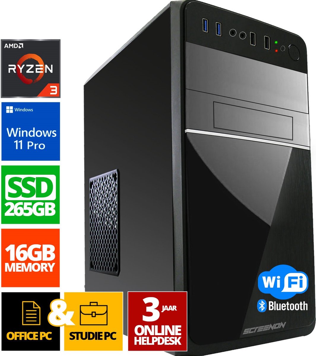 Office PC - Ryzen 3 - 256GB SSD - 16GB RAM - Radeon RX Vega 8 - WX28275 - Windows 11 - ScreenON - Allround Computer + WiFi & Bluetooth (8720994101133)