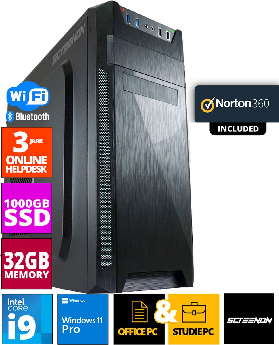 ScreenON - Allround Office PC - Intel Core i9 - 1TB M.2 SSD - 32GB RAM - UHD Graphics 750 - Inclusief Norton 360 + WiFi & Bluetooth (8720994100990)