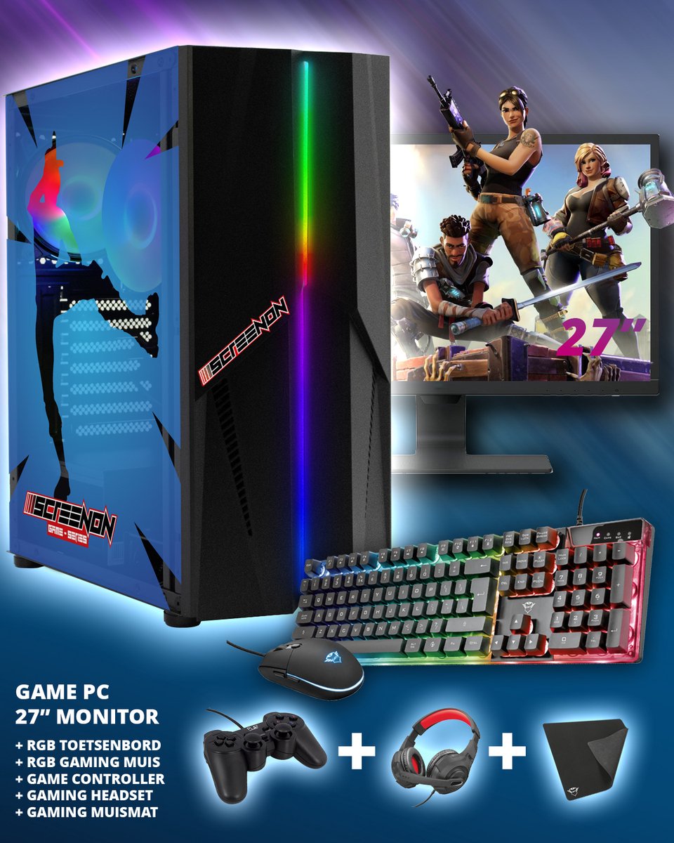 ScreenON - Complete Fortnite Gaming PC Set - X12899 - V2 ( Game PC X12899 + 27 Inch Monitor + Toetsenbord + Muis + Controller ) (8720211988233)