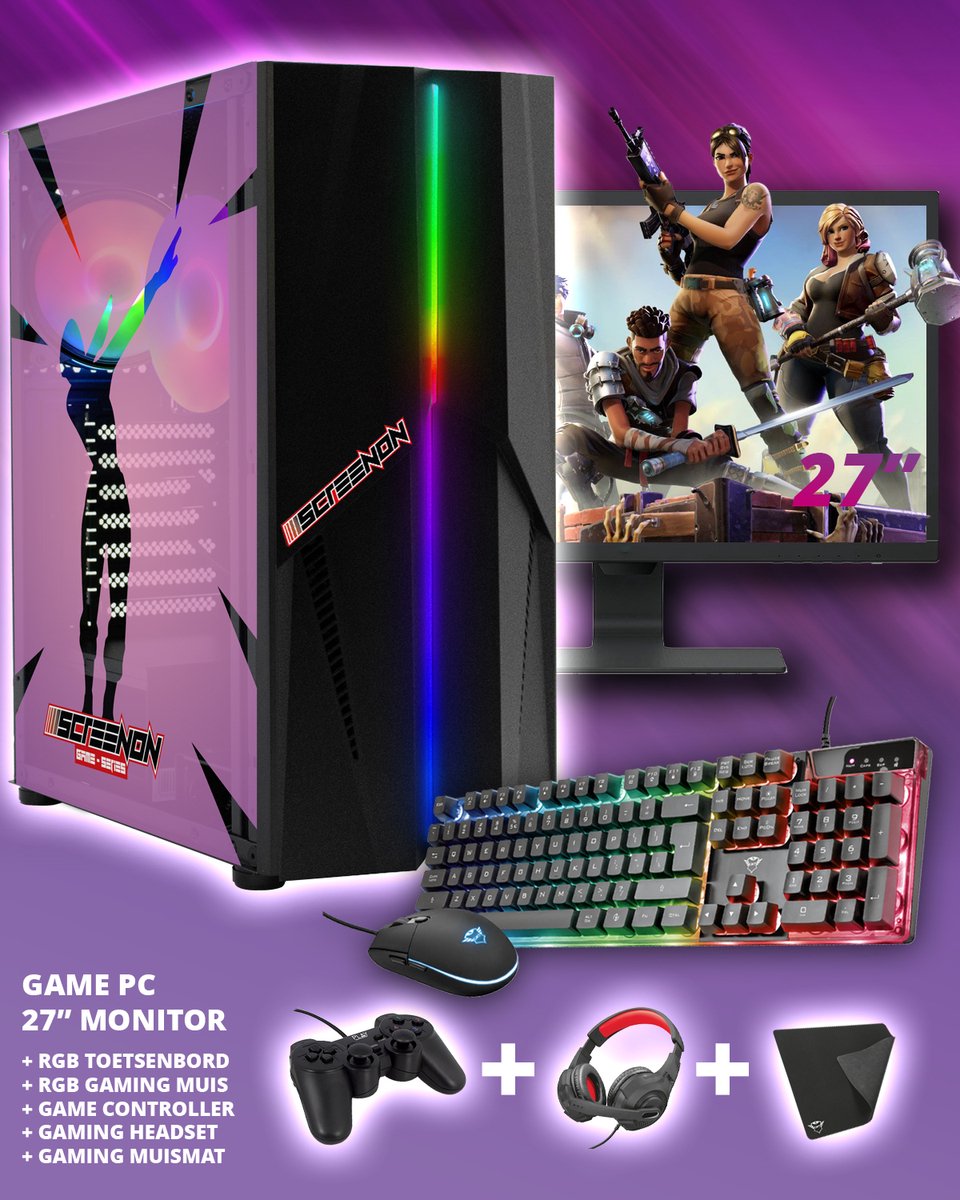 ScreenON - Complete Fortnite Gaming PC Set - X14899 - V2 ( Game PC X14899 + 27 Inch Monitor + Toetsenbord + Muis + Controller ) (8720211988257)