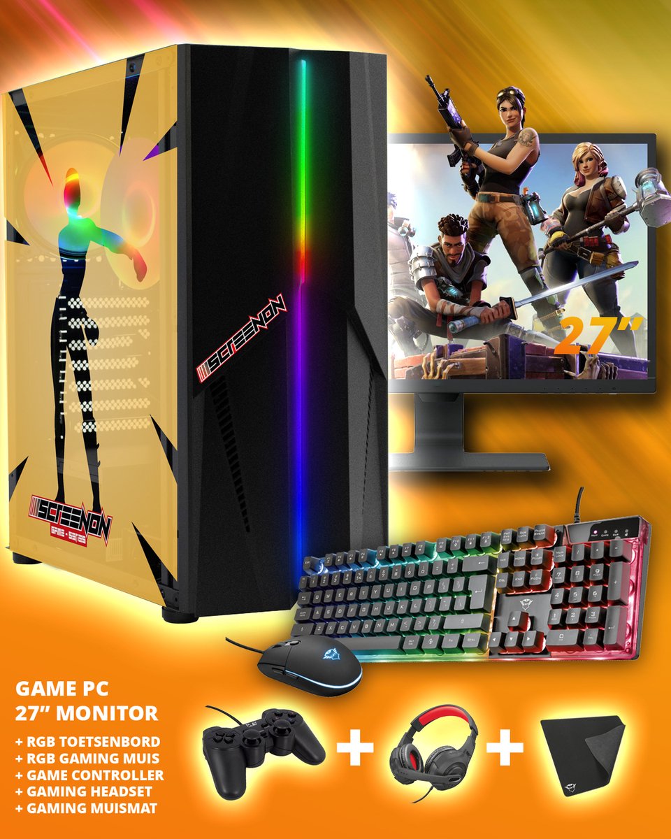 ScreenON - Complete Fortnite Gaming PC Set - X16899 - V2 ( Game PC X16899 + 27 Inch Monitor + Toetsenbord + Muis + Controller ) (8719326643823)