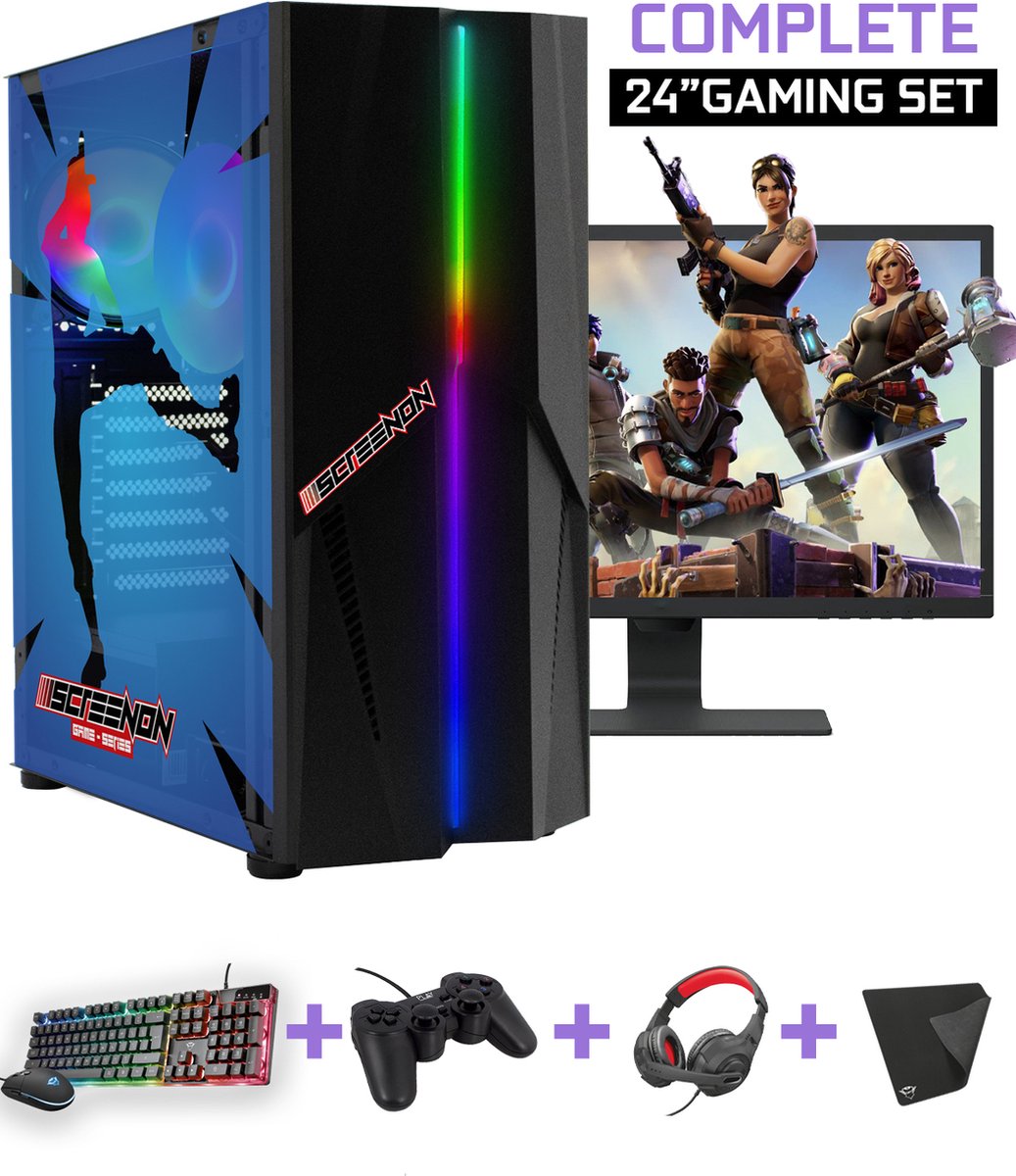 ScreenON - Complete Fortnite Gaming PC Set - X22899 - V1 ( Game PC X22899 + 24 Inch Monitor + Toetsenbord + Muis + Controller ) (8720663667236)