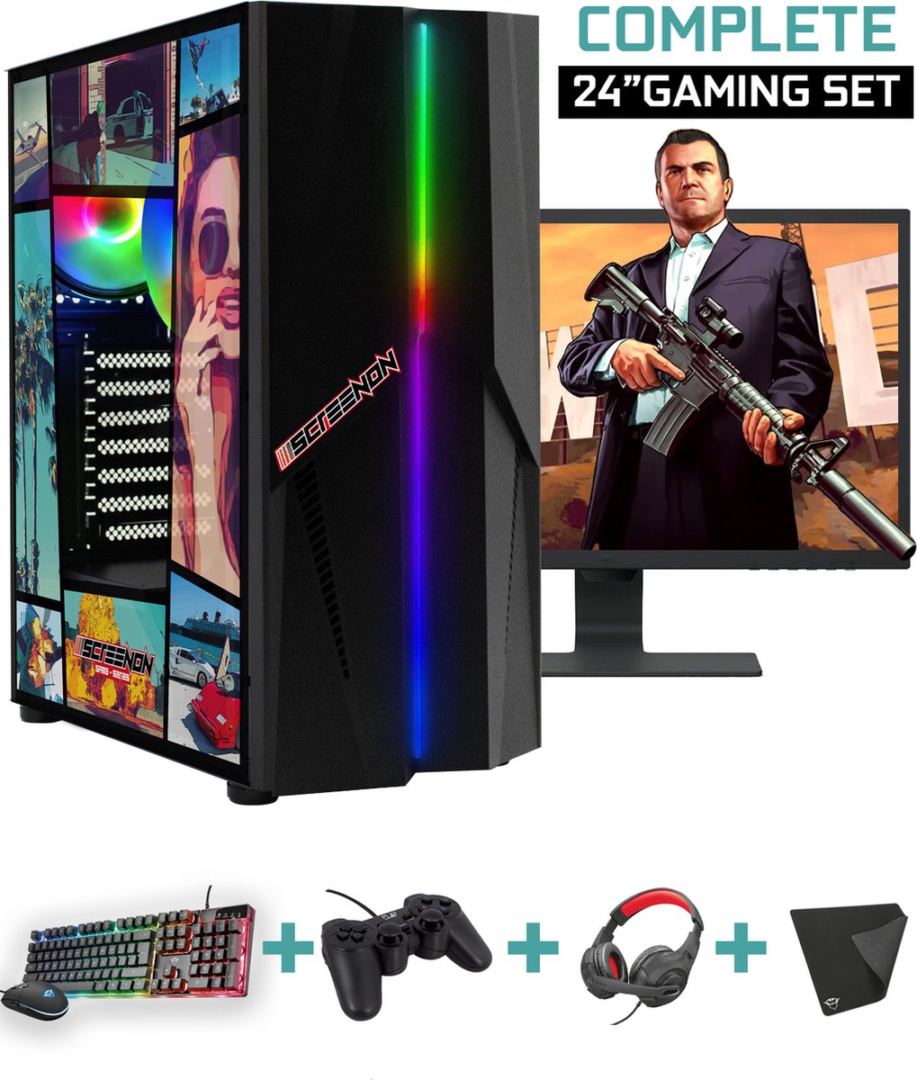 ScreenON - Complete GTA V Gaming PC Set - X13649 - V1 ( Game PC X13649 + 24 Inch Monitor + Toetsenbord + Muis + Controller ) (8720663668394)
