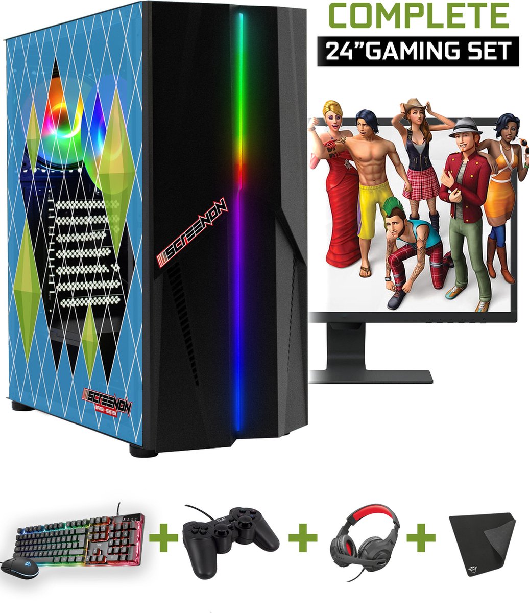 ScreenON - Complete Sims 4 Gaming PC Set - X12729 - V1 ( Game PC X12729 + 24 Inch Monitor + Toetsenbord + Muis + Controller ) (8720663668431)
