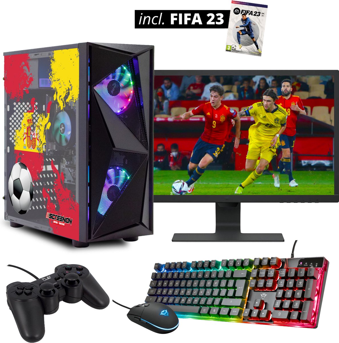 ScreenON - FIFA ES Gaming Set + FIFA 23 - FF23-V1104027 - (GamePC.FF23-V11040 + 27 Inch Monitor + Toetsenbord + Muis + Controller + FIFA 23) (8720663666734)