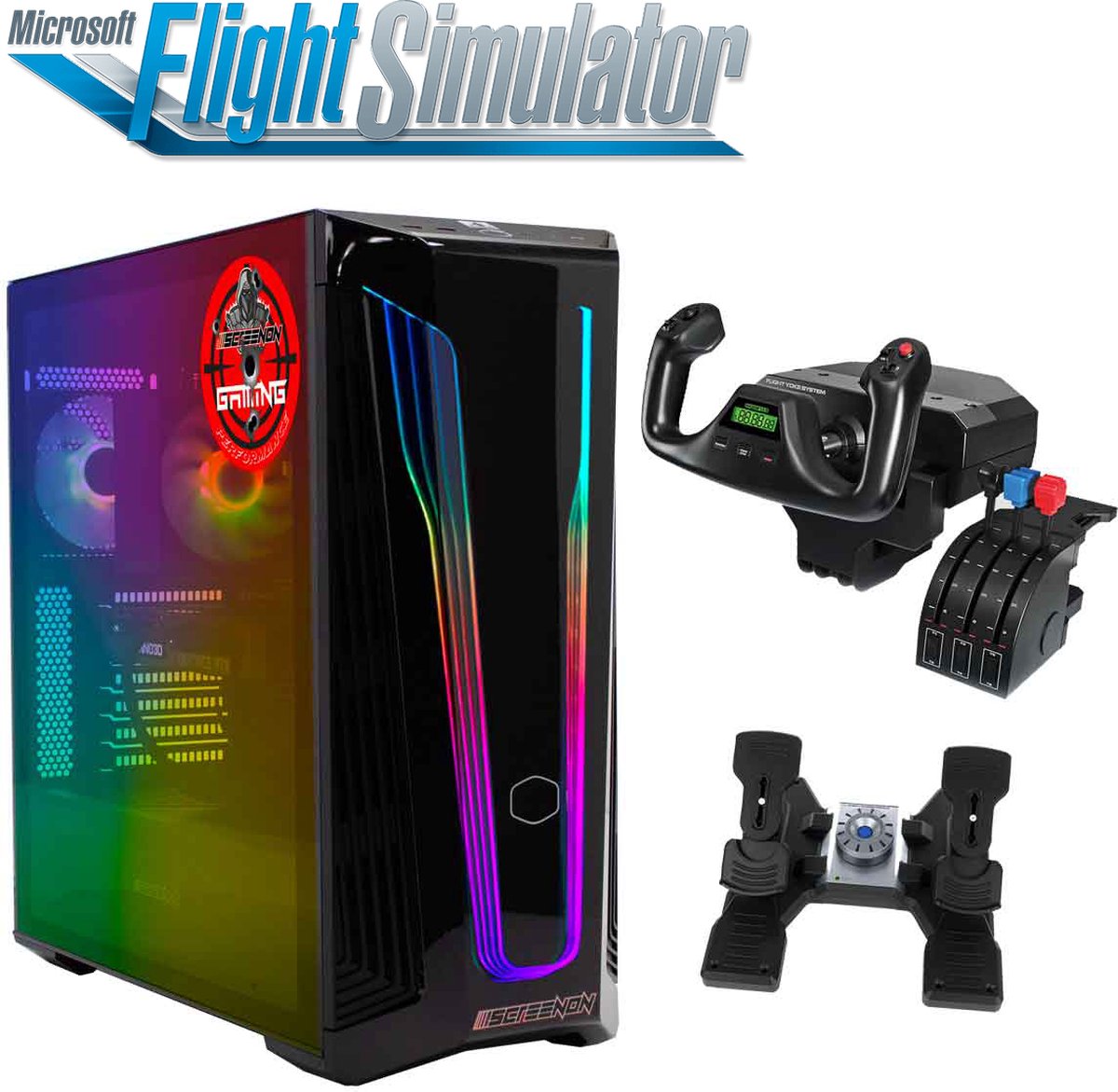 ScreenON - Flight Simulator PC - FLS+Y-A3050-12 - Ryzen 5 5500 - 1TB M.2 NVMe SSD - RTX 3050 - 16GB RAM - Yoke Flight System! (8720663663054)
