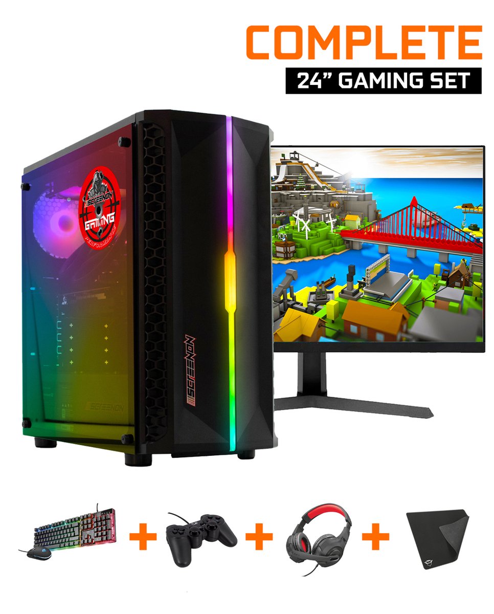ScreenON - Gaming Set - B3 (Basic GamePC + 24 Inch Monitor + Toetsenbord + Muis) Fortnite, Minecraft, League of Legends, Rocket League, Farming Simulator, Sims 4, World of warcraft, Ark, Battlefield 4, Call of Duty, Runescape, Heartstone en GTA V (8720211983481)
