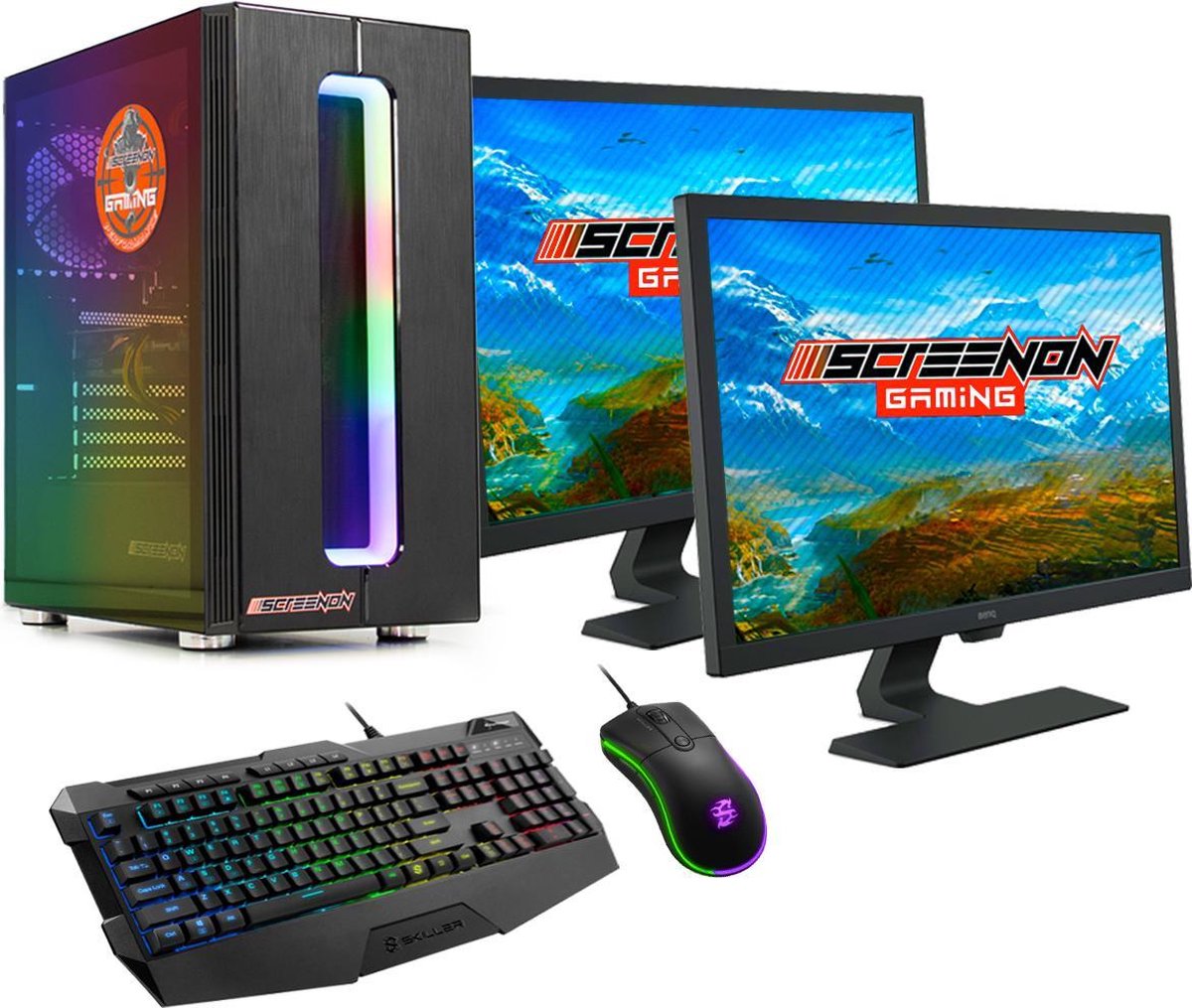 ScreenON - Gaming Set - B4 - (GamePC + 2 x 27 Inch Gaming Monitor + Gaming Toetsenbord en Muis) (8720211988806)
