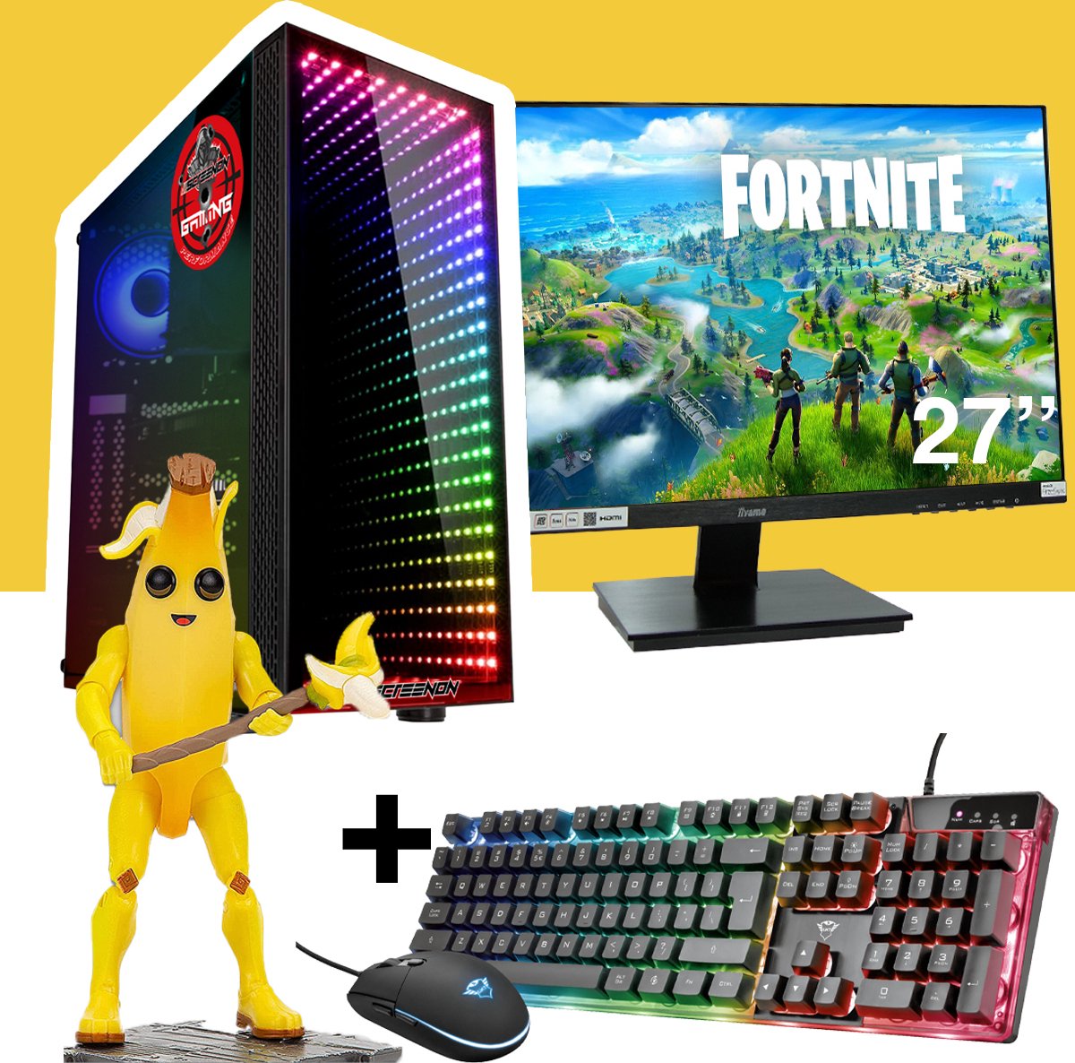 ScreenON - Gaming Set - Fortnite Peely Hero - V2 (GamePC + 27 Inch Monitor + Toetsenbord + Muis) (8720211989803)