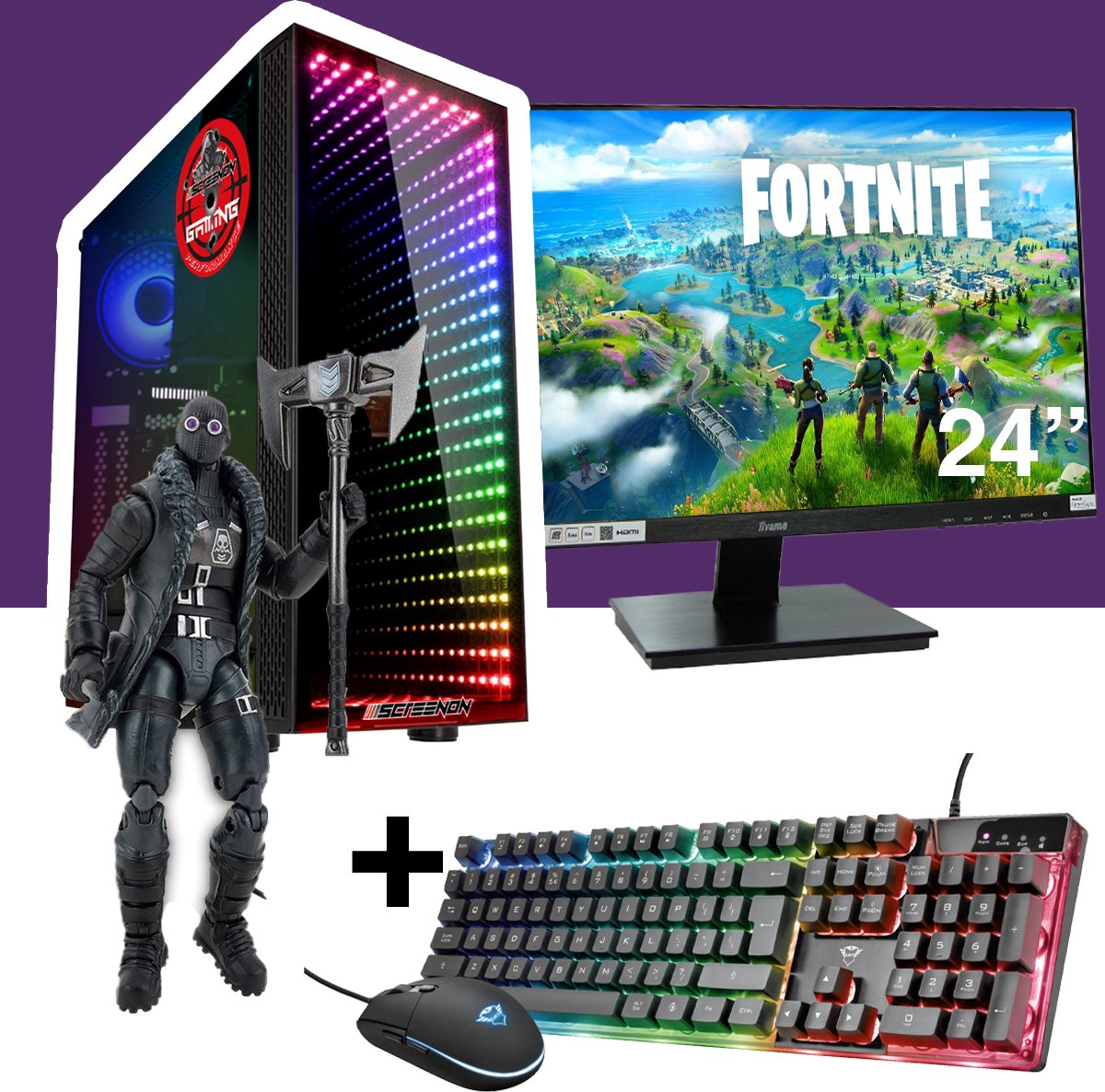 ScreenON - Gaming Set - Fortnite Renegade Shadow Hero - V1 (GamePC + 24 Inch Monitor + Toetsenbord + Muis) (8720211989810)