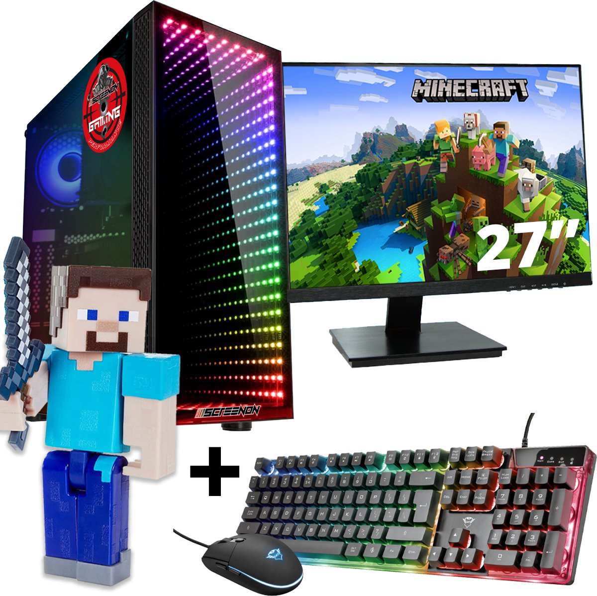 ScreenON - Gaming Set - Minecraft Steve Hero - V2 (GamePC + 27 Inch Monitor + Toetsenbord + Muis) (8720211989933)