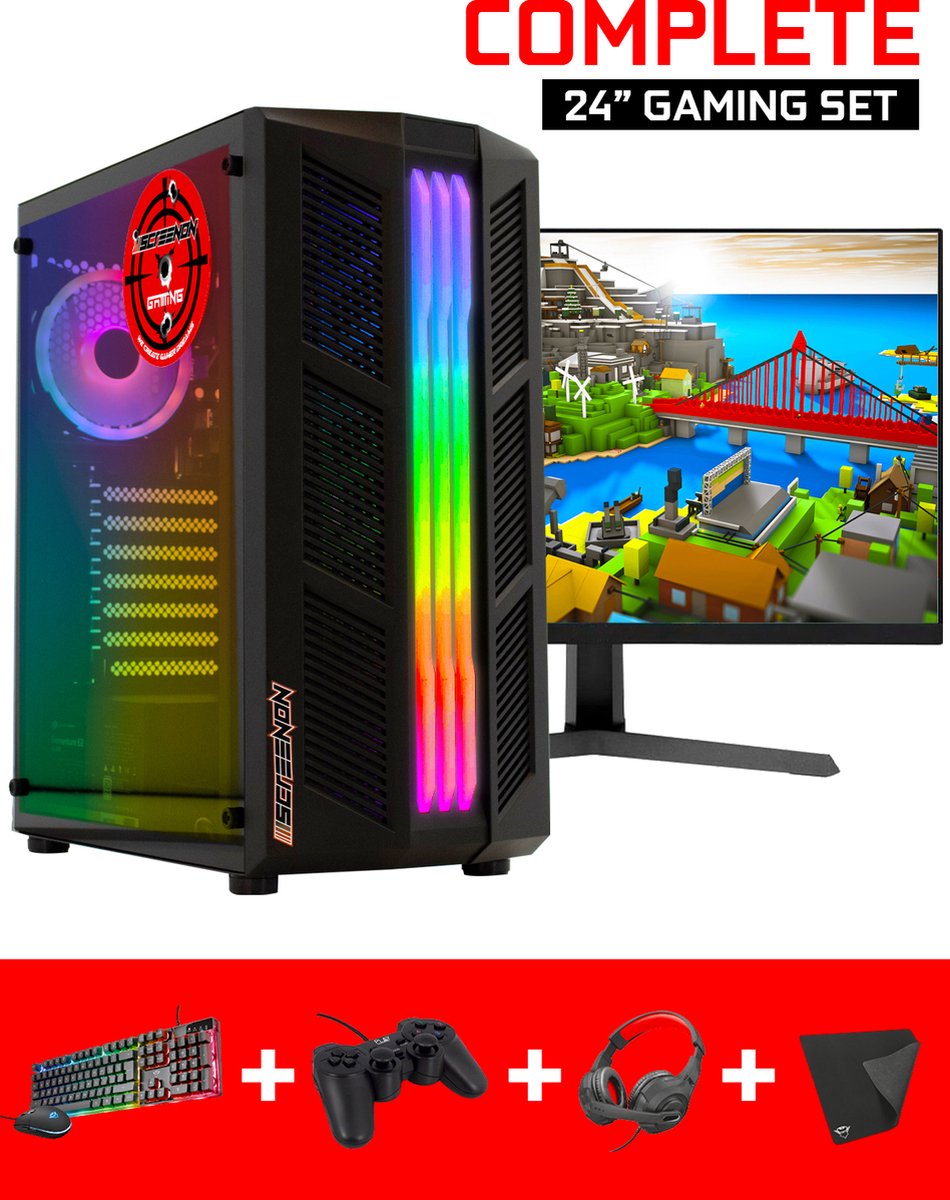 ScreenON - Gaming Set - P3 (GamePC + 24 Inch Monitor + Toetsenbord + Muis) + WiFi & Bluetooth (8720211989674)