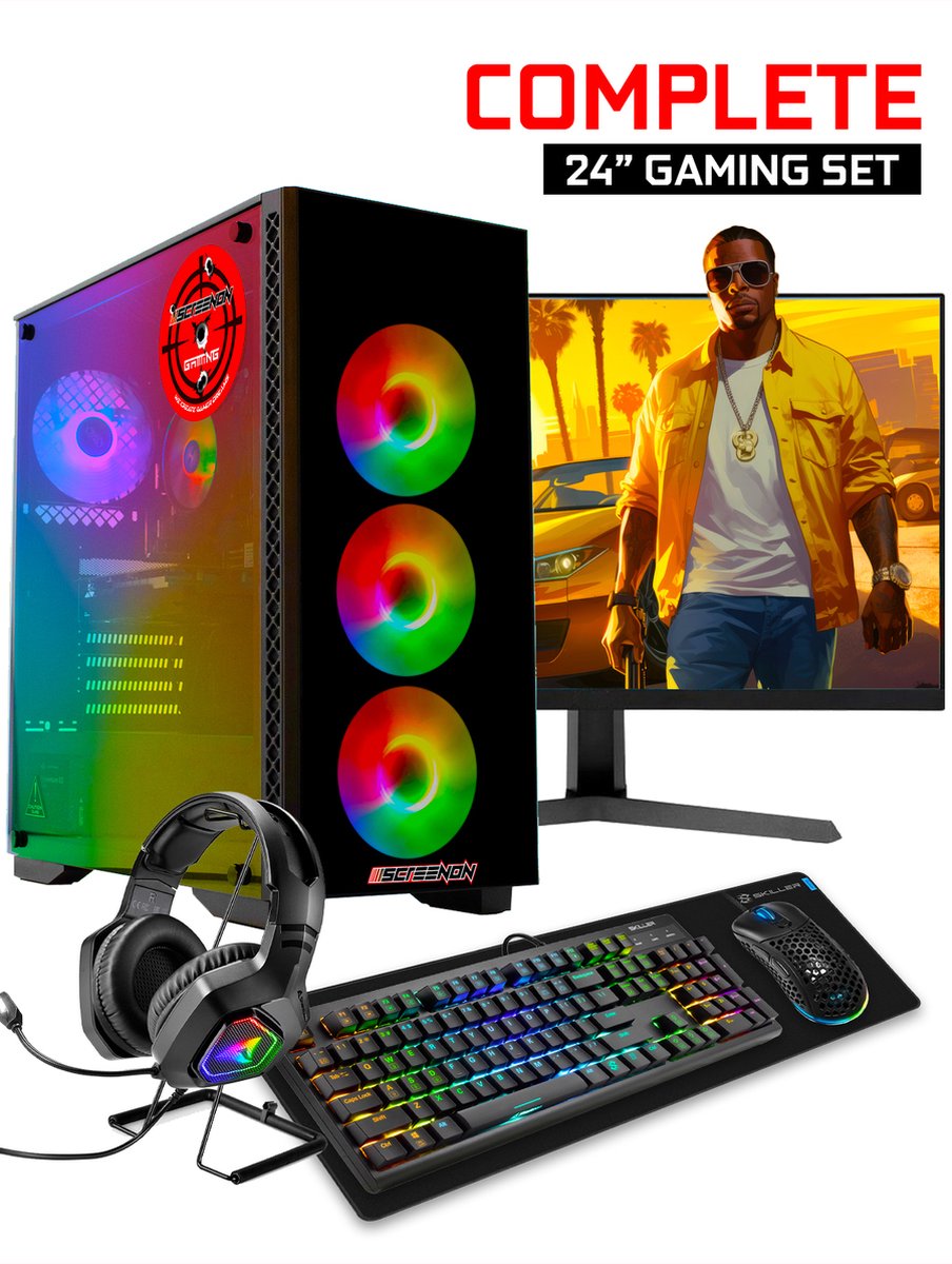 ScreenON - Gaming Set T46187 -W2 (GamePC.T46187 + 24 Inch Monitor + Toetsenbord + Muis & Muismat + Headset & Houder) (8720211986390)
