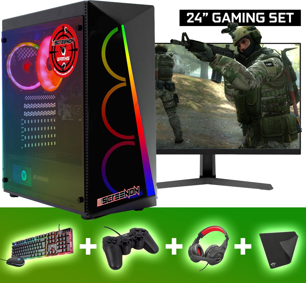 ScreenON - Gaming Set - V1 - Ryzen 3 - 1TB HDD - Radeon Vega 8 - (GamePC.V115132 + 24 Inch Monitor + Toetsenbord + Muis) (8720211989520)