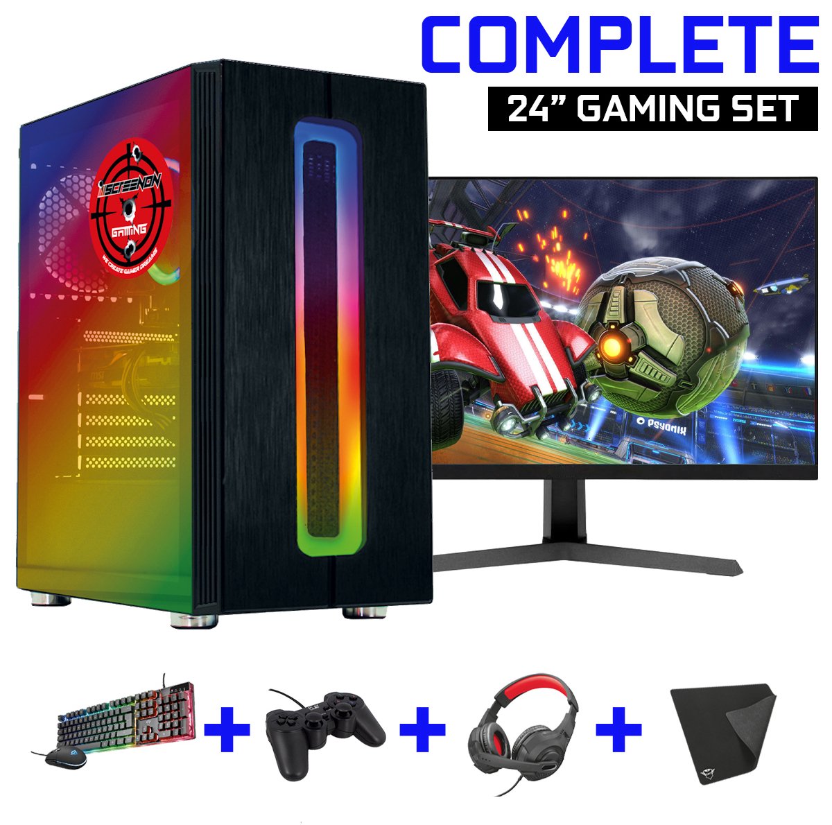 ScreenON - Gaming Set - X100128 - (GamePC.X100128 + 24 Inch Monitor + Toetsenbord + Muis, Controller, Headset & Muismat) + WiFi & Bluetooth (8720211985430)