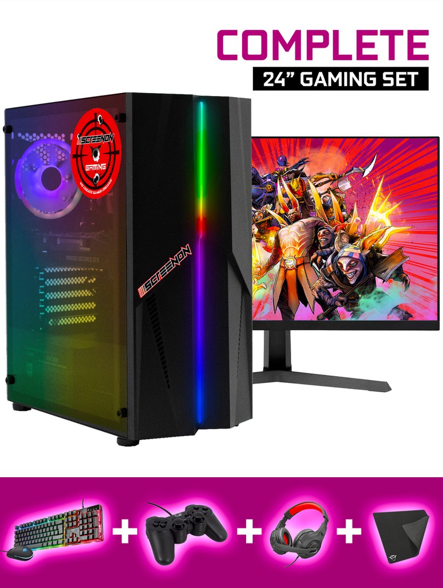 ScreenON - Gaming Set - X10099 - (GamePC.X10099 + 24 Inch Monitor + Toetsenbord + Muis, Controller, Headset & Muismat) + WiFi & Bluetooth (8720211985805)
