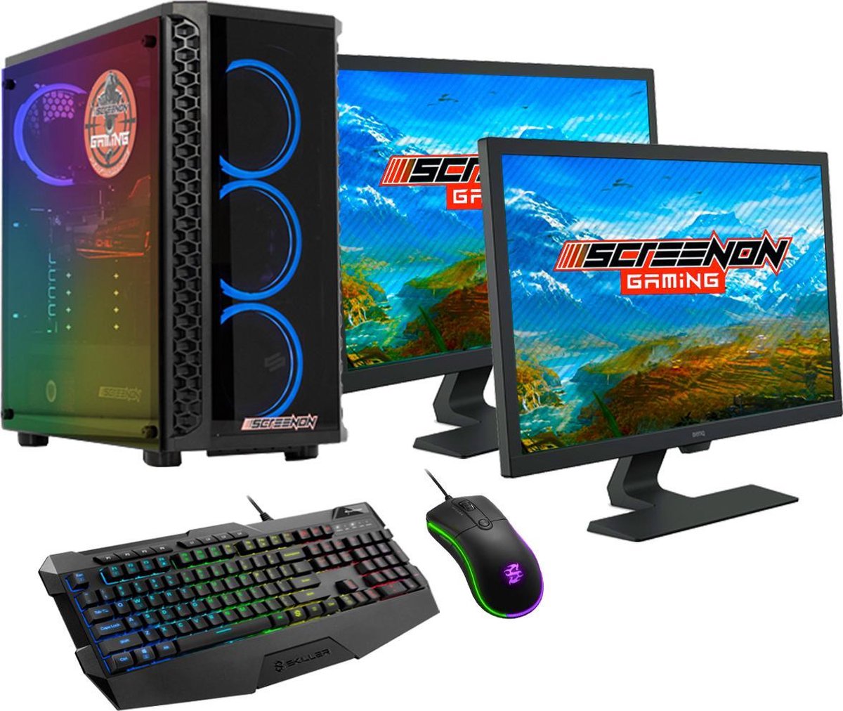 ScreenON - Gaming Set - X24574 - (GamePC.X24574 + 2 x 27 Inch Gaming Monitor + Gaming Toetsenbord en Muis) (8720211988776)