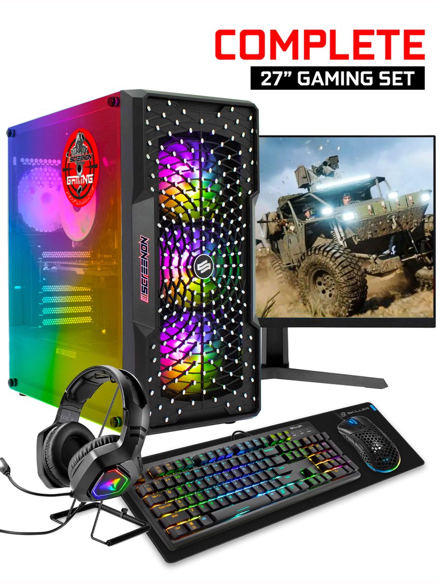ScreenON - Gaming Set - X54196 - W2 (GamePC.X54196 + 27 Inch Monitor + Toetsenbord + Muis & Muismat + Headset & Houder) (8720211986444)