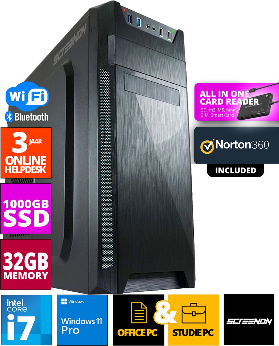 ScreenON - Intel Core i7 - 1TB M.2 SSD - 32GB RAM - RTX 3050 - Allround Office PC - Inclusief Norton 360 & USB SD Card Reader + WiFi & Bluetooth (8720663667670)