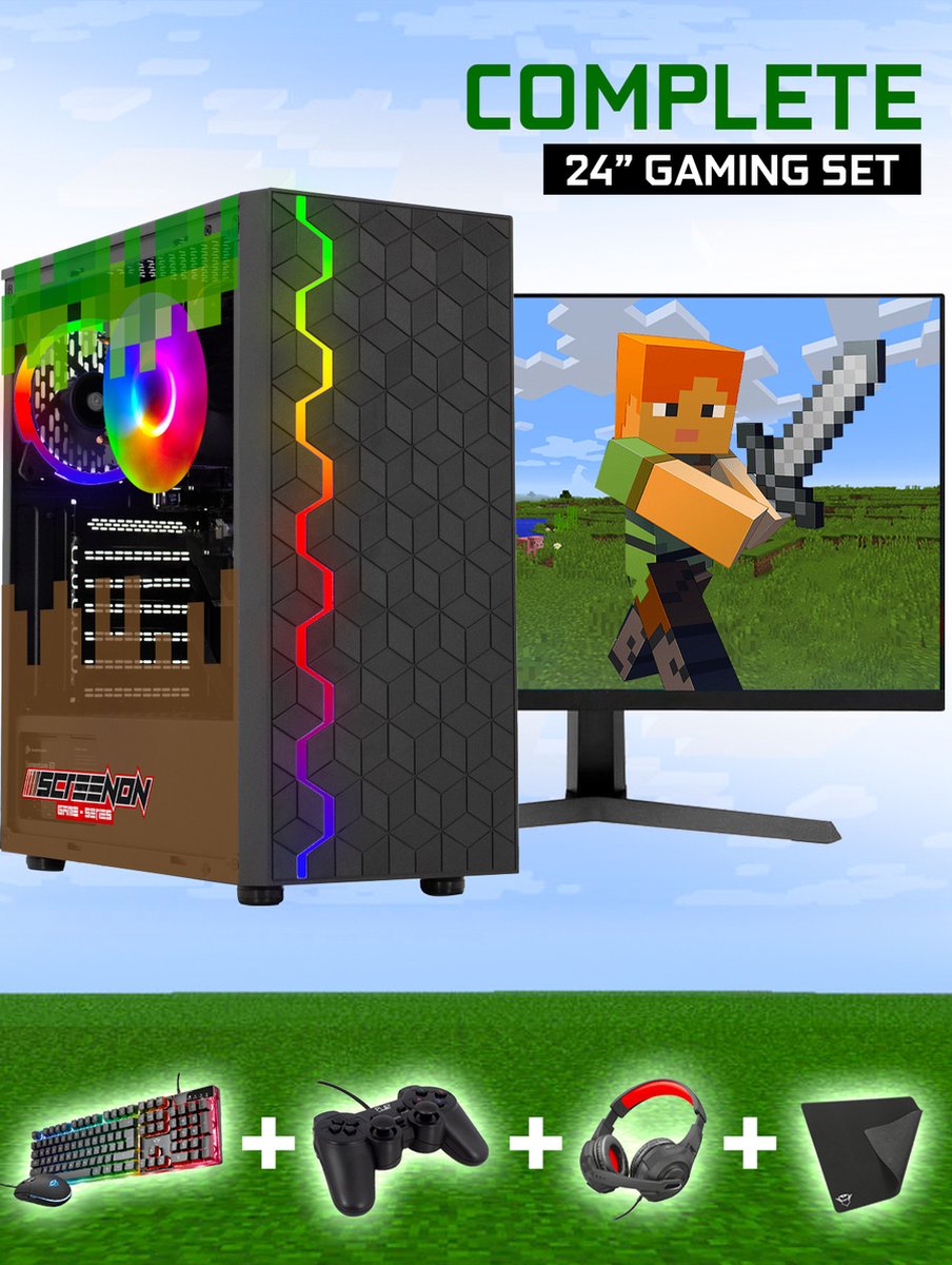 ScreenON - Minecraft Edition Gaming Set - X104154 - V3 (GamePC.X104154 + 24 Inch Monitor + Toetsenbord + Muis + Controller) + WiFi & Bluetooth (8720663663221)