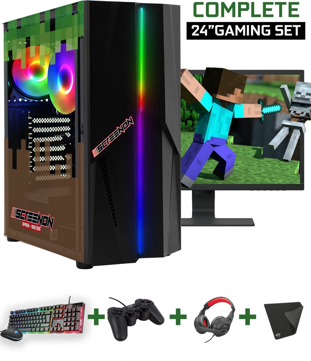 ScreenON - Minecraft Edition Gaming Set - X10999 - V3 (GamePC.X10999 + 24 Inch Monitor + Toetsenbord + Muis + Controller) + WiFi & Bluetooth (8720663663184)