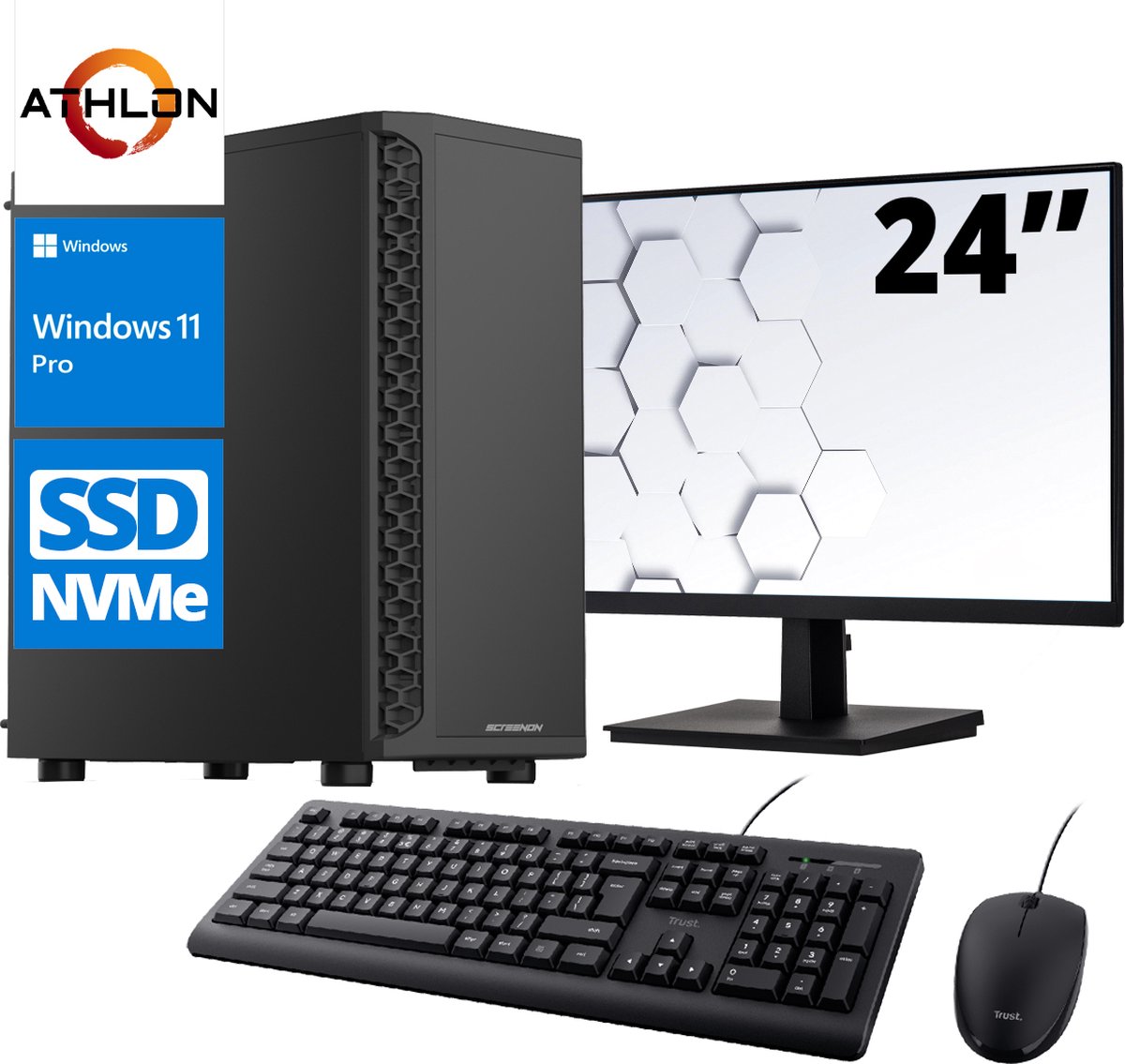 ScreenON - Office Set - X100125 - (OfficePC.X100125 + 24 Inch Monitor + Toetsenbord + Muis) + WiFi & Bluetooth (8720211985409)